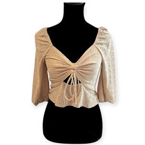 y2k light brown eyelet ruffle sleeve front tie smocked top coquette cottagecore